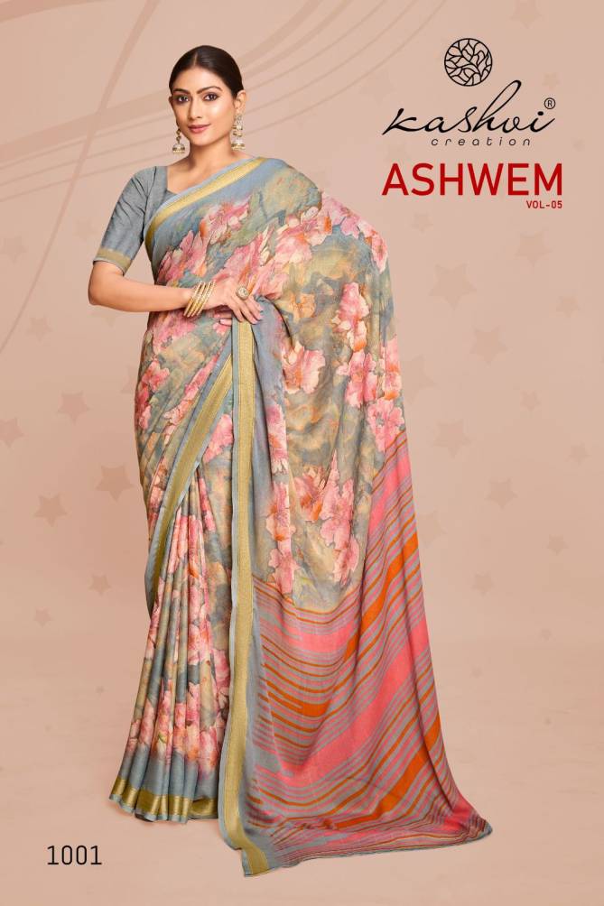 Ashwem Vol 5 By Kashvi Dull Moss Viscose Printed Daily Wear Sarees Wholesale Price In Surat